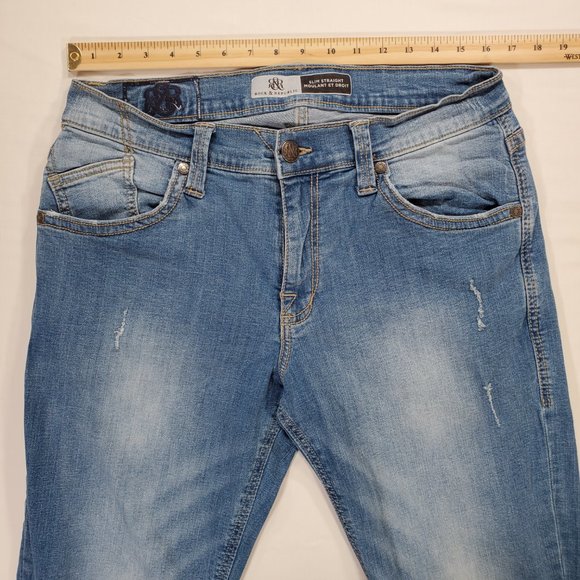 Rock and Republic Jeans Mens 34x32 Blue Denim Slim Straight Stretch Faded Grunge - Picture 12 of 16